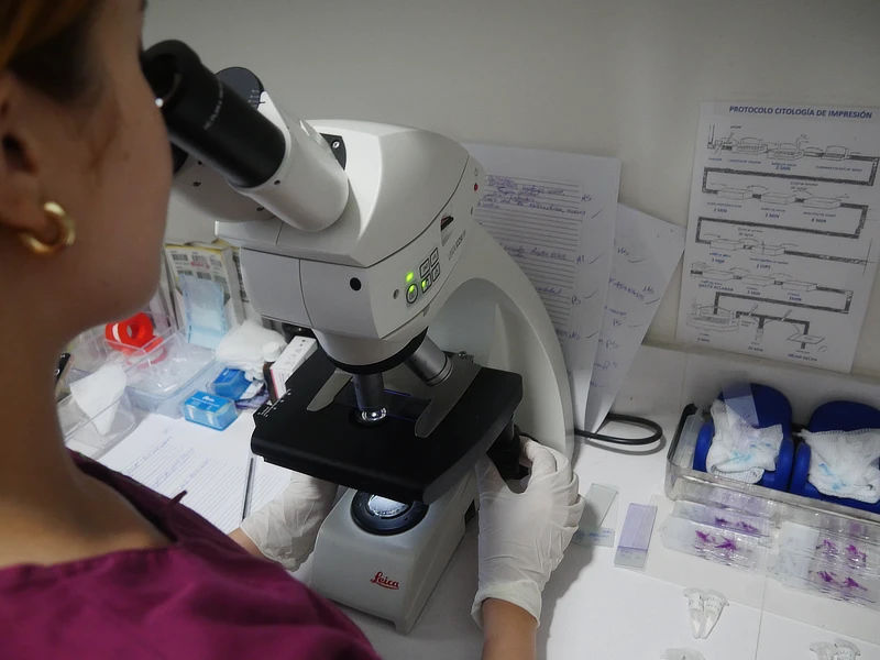 Veterinaria observando con detenimiento una muestra ocular bajo el microscopio, realizando un análisis cuidadoso para detectar posibles infecciones, inflamaciones o neoplasias oculares en el paciente.