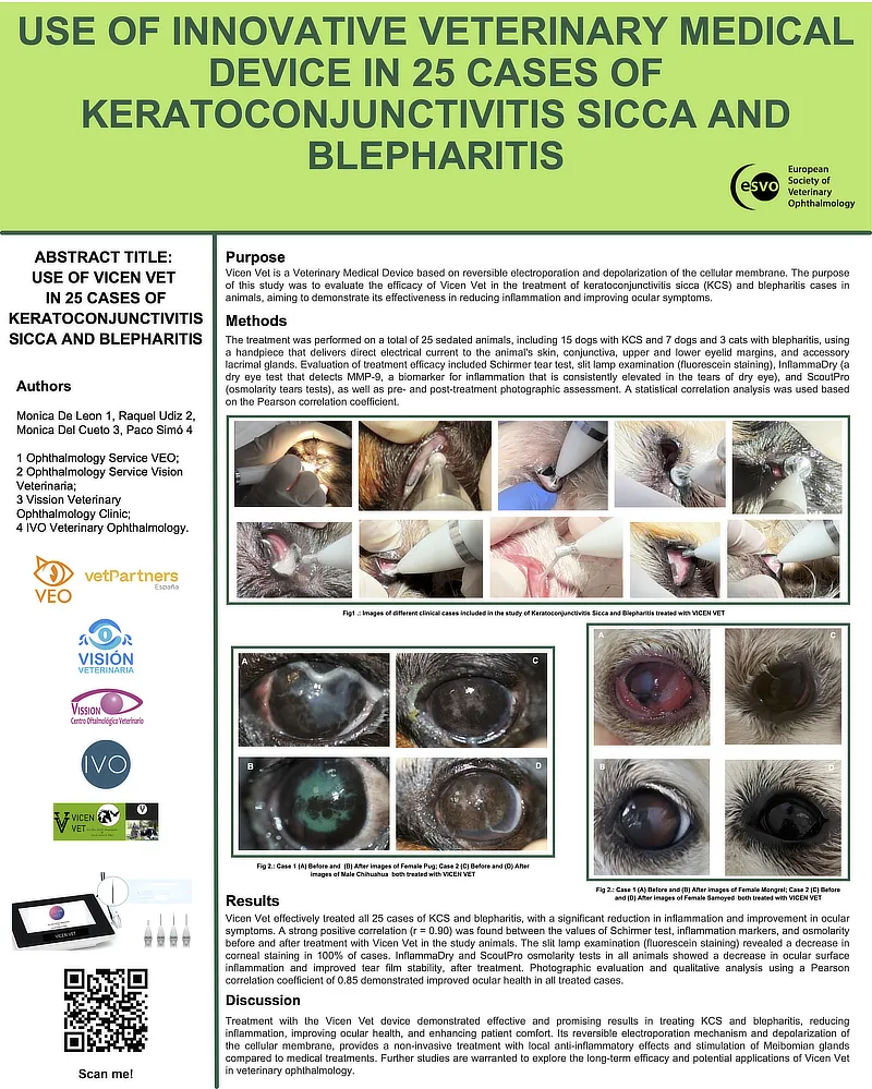 Primer plano del póster presentado en el congreso ESVO 2024, que detalla los resultados del uso del dispositivo VICEN VET en 25 casos de queratoconjuntivitis seca y blefaritis en perros y gatos.