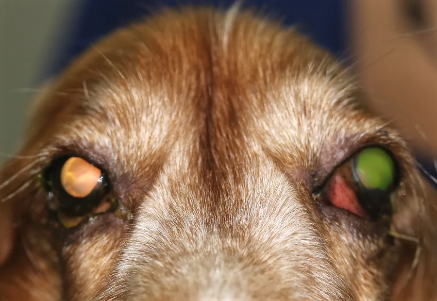 Perro con exoftalmos en ambos ojos, ulceración corneal con fluoresceína en el ojo derecho y secreción purulenta, indicando infección retrobulbar o neoplasia ocular.