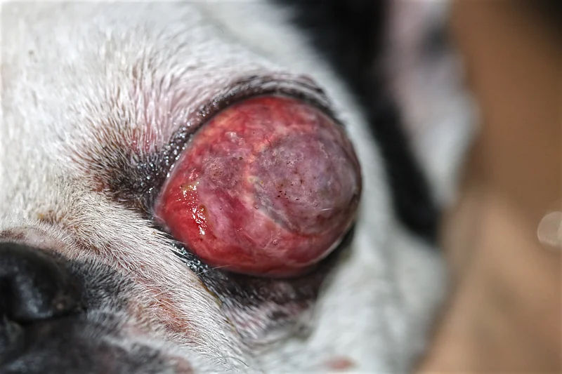 Perro con exoftalmos extremo y masa tumoral en el ojo, indicativo de neoplasia orbitaria avanzada.