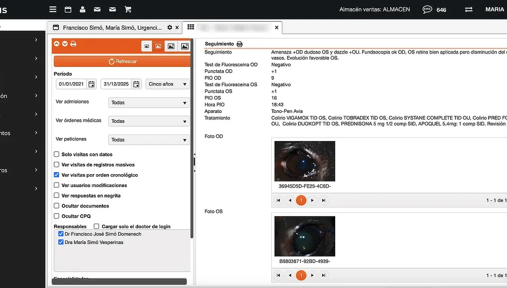 Ejemplo de ficha de seguimiento en Oftalmosalus con imágenes clínicas del ojo derecho e izquierdo del paciente.