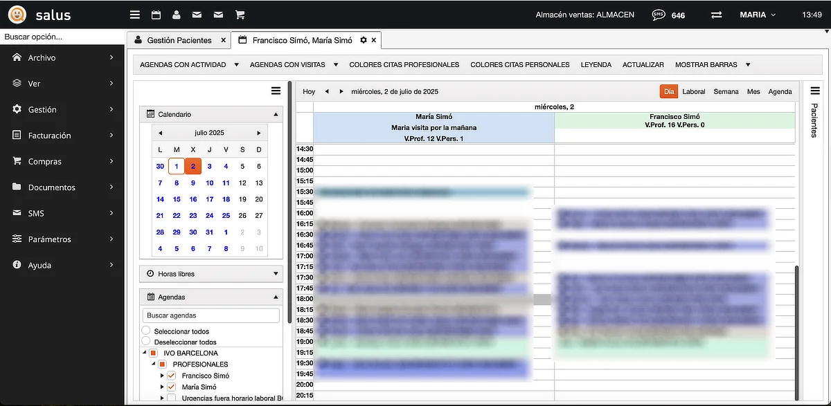 Pantalla de agenda del ERP Oftalmosalus con citas asignadas a los doctores Francisco Simó y María Simó en IVO Barcelona.