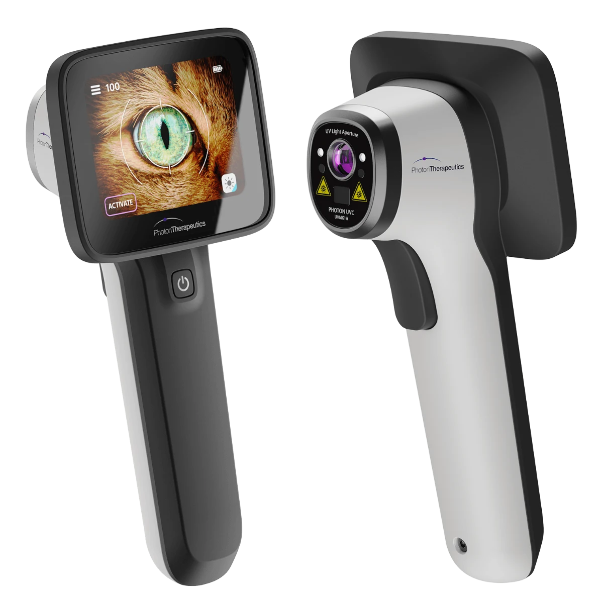 Vista frontal y posterior del dispositivo PhotonUVC Vet, mostrando la pantalla y el emisor de luz UVC para tratamientos oculares.